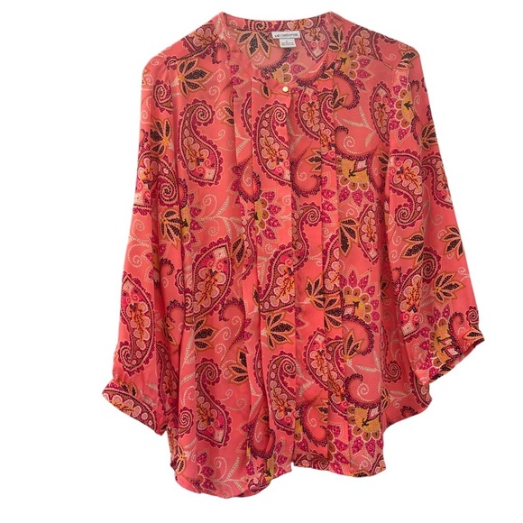 Liz Claiborne women’s paisley print pleated button‎ down 3/4 sleeve blouse large - Picture 1 of 6